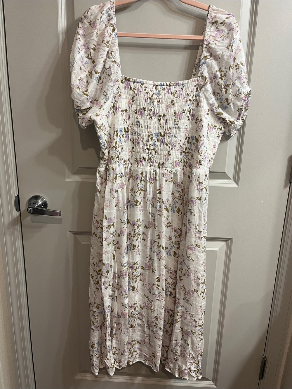 Celebrity Pink White Floral Midi Dress with Puff Sleeves
